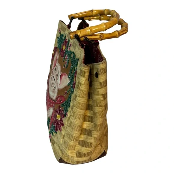Vintage Isabella Fiore Handbags Bag Country Tan Beaded Pig Red Bandana Purse - Picture 4 of 8